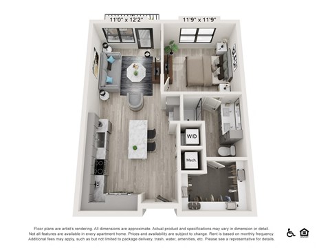 Floor plan for 1 bed, 1 bath, 717 sqft